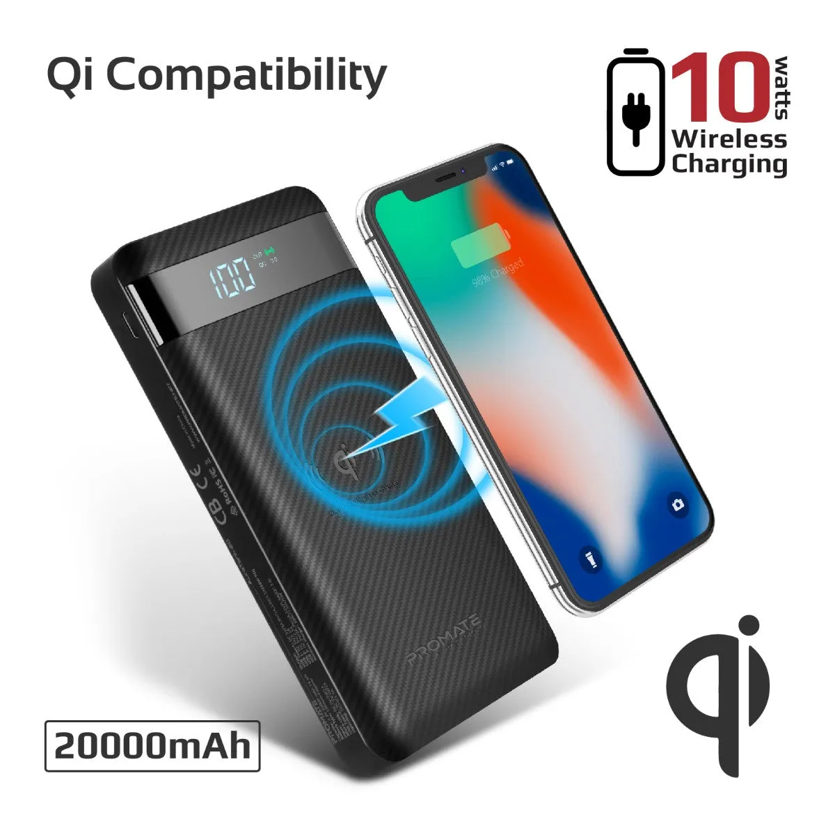 10W Qi Fast Wireless 20000mAh Power Bank with USB-C™ 18W Power Delivery and QC3.0