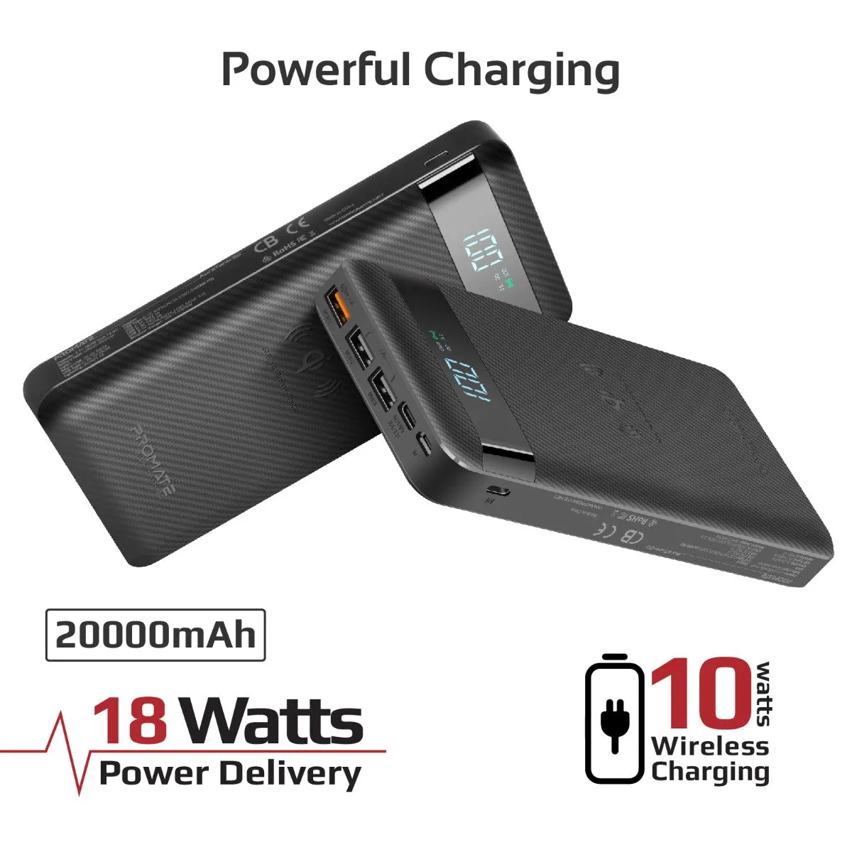 10W Qi Fast Wireless 20000mAh Power Bank with USB-C™ 18W Power Delivery and QC3.0