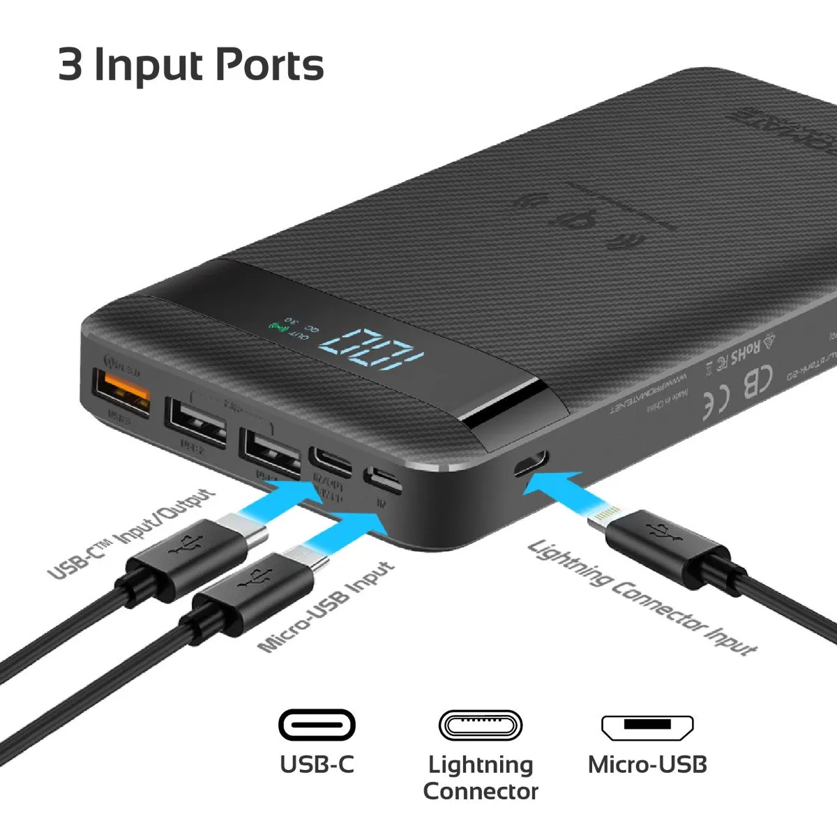 10W Qi Fast Wireless 20000mAh Power Bank with USB-C™ 18W Power Delivery and QC3.0