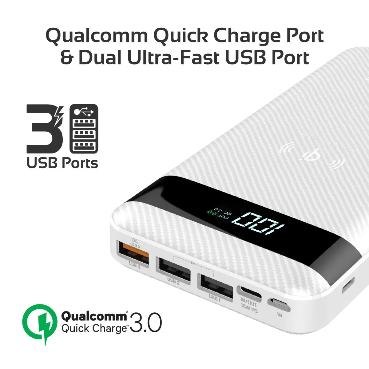 10W Qi Fast Wireless 20000mAh Power Bank with USB-C™ 18W Power Delivery and QC3.0