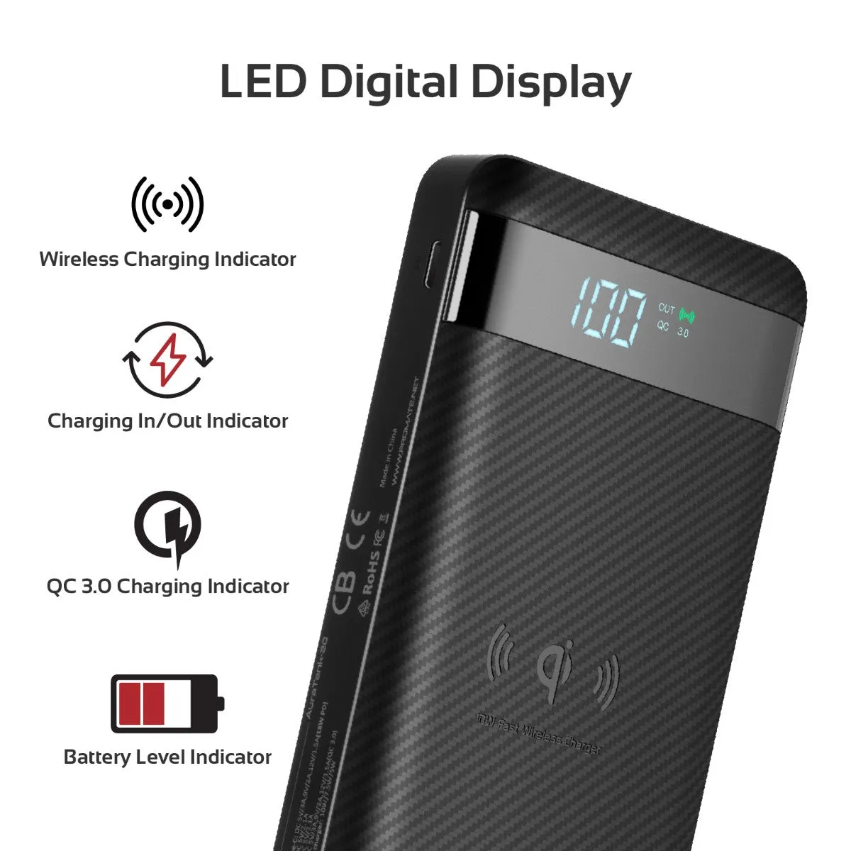 10W Qi Fast Wireless 20000mAh Power Bank with USB-C™ 18W Power Delivery and QC3.0