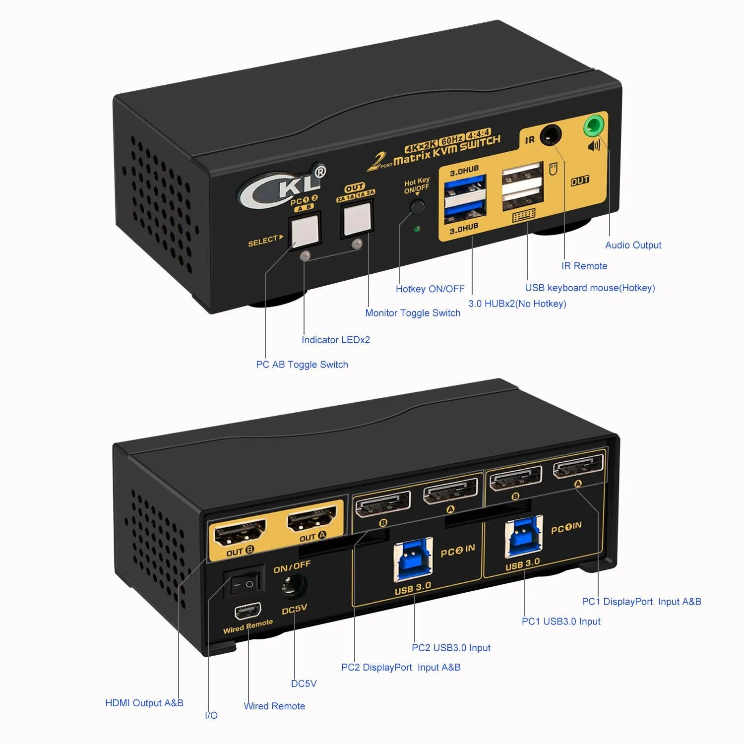 2x2 USB 3.0 Matrix KVM Switch Dual Monitor DisplayPort 1.2 4K 60Hz CKL-622DP-M