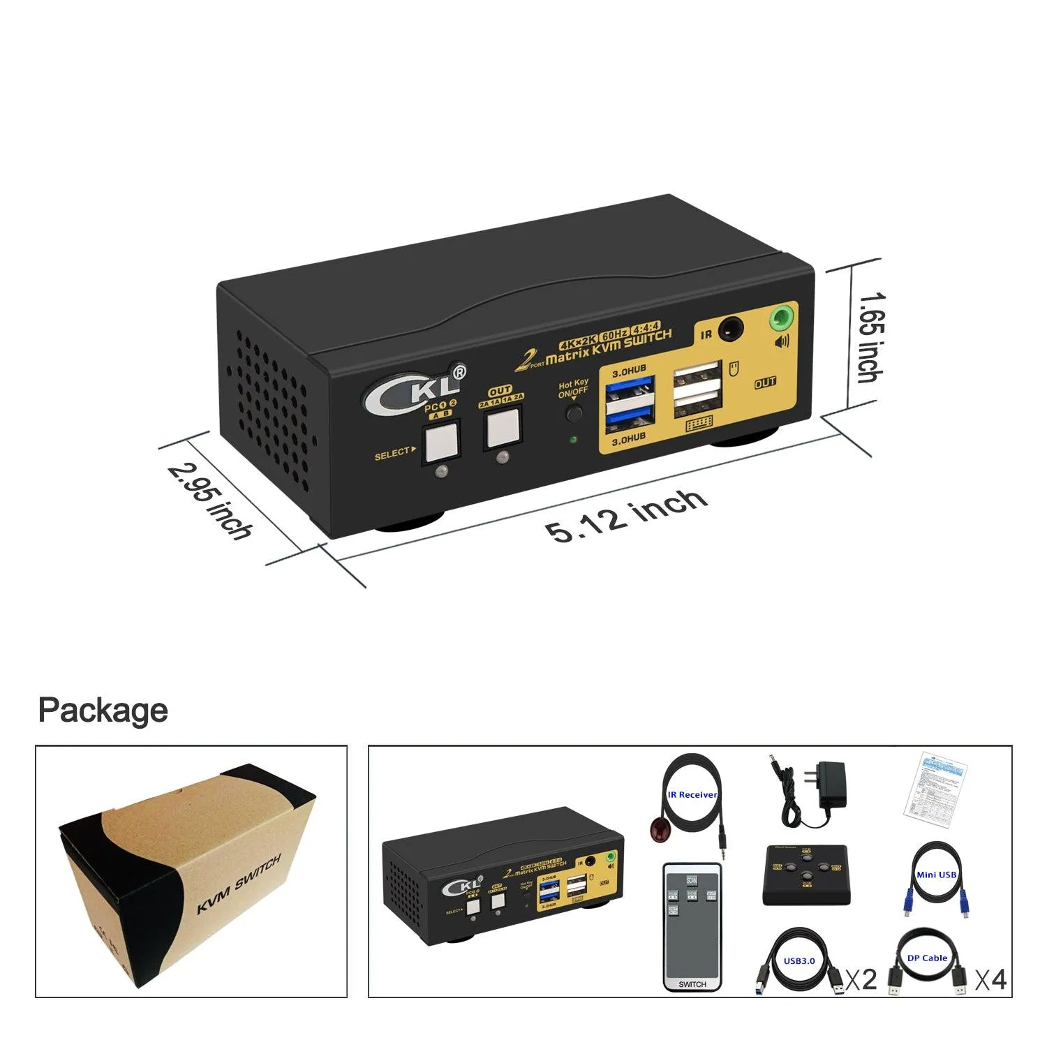 2x2 USB 3.0 Matrix KVM Switch Dual Monitor DisplayPort 1.2 4K 60Hz CKL-622DP-M