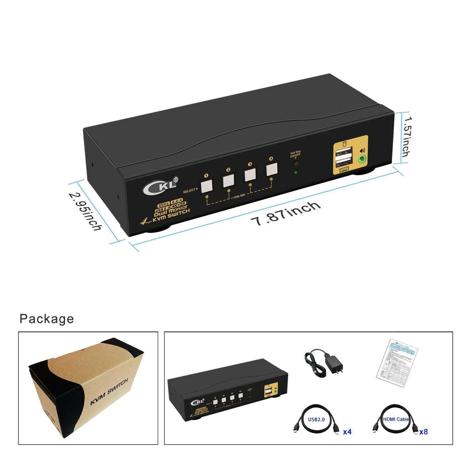 4 Port KVM Switch Dual Monitor HDMI 4K 60Hz for 4 Computers 2 Extended Display with Cables, No Extra USB 2.0 HUB, Supports YUV 4:4:4, HDCP 1.4, HDR 10, EDID, Audio, Hotkey 942HUA-1A