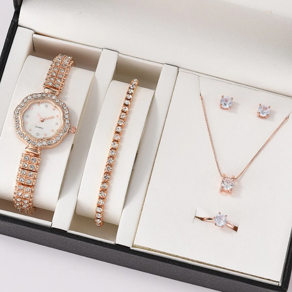 6PCS Set Luxury Watch Women Ring Necklace Earrings Rhinestone Fashion Wristwatch Female Casual Ladies Watches Bracelet Set Clock