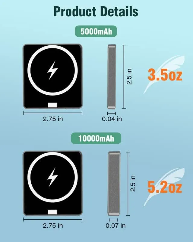 AmberVec Magnetic Wireless Charger, Portable 10,000 mAh Battery Pack Compatible with Magsafe -Blue