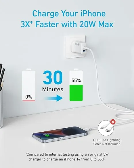 Anker Select 20W 2-Port Charger With USB-C Cable 5ft B2348K21 - White