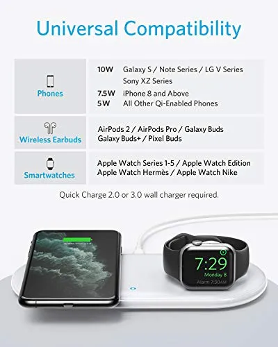 Anker Wireless Charging Station, 2 in 1 PowerWave  Pad with Holder for Apple Watch 5/4/3/2, Wireless Charger for iPhone 11, Pro, Pro Max, Xs, AirPods (Watch Charging Cable & AC Adapter Not Included)