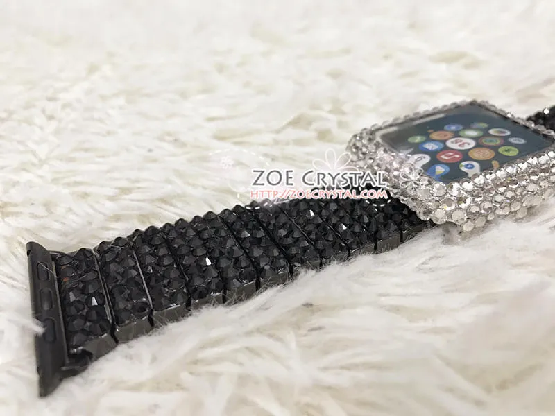 Apple Watch Bling BEDAZZLED Clear white Swarovski Crystal Case Protector Cover Luxury with a Black Rhinestone iWatch Band Strap