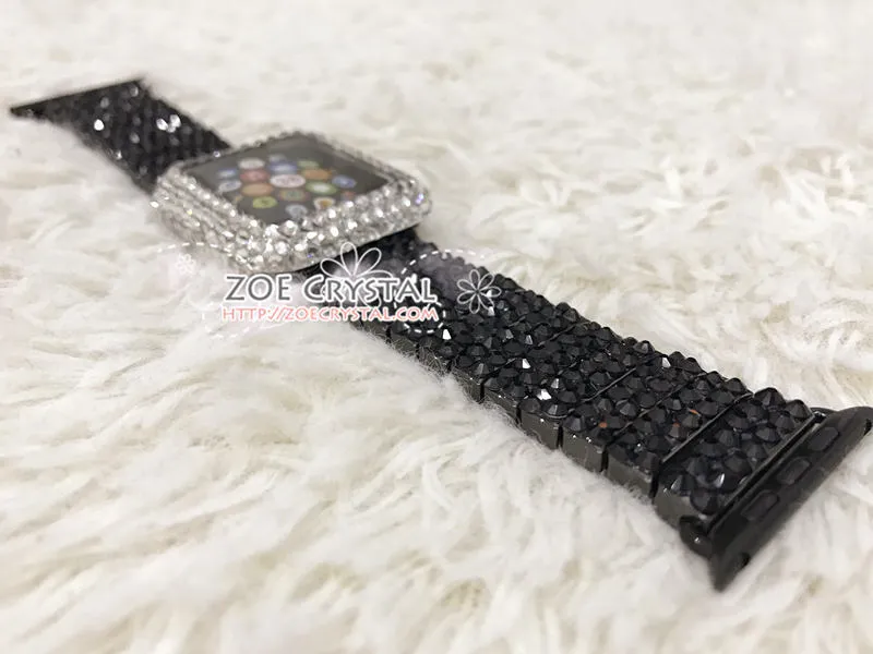 Apple Watch Bling BEDAZZLED Clear white Swarovski Crystal Case Protector Cover Luxury with a Black Rhinestone iWatch Band Strap