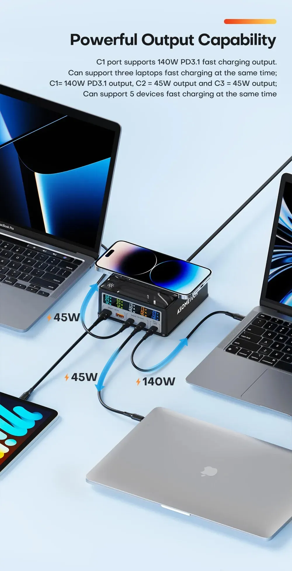 ASOMETECH 260W GaN Multiport Charging Station with Wireless Charger