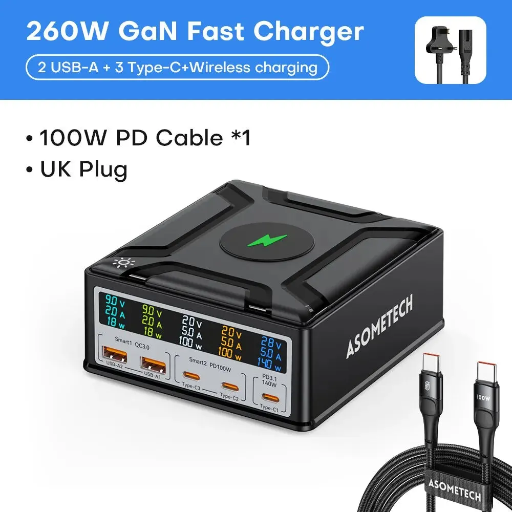 ASOMETECH 260W GaN Multiport Charging Station with Wireless Charger