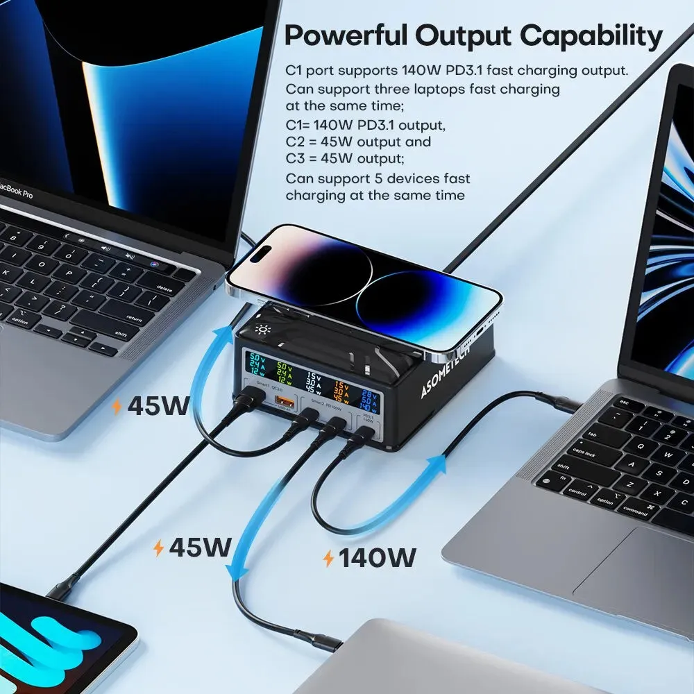 ASOMETECH 260W GaN Multiport Charging Station with Wireless Charger