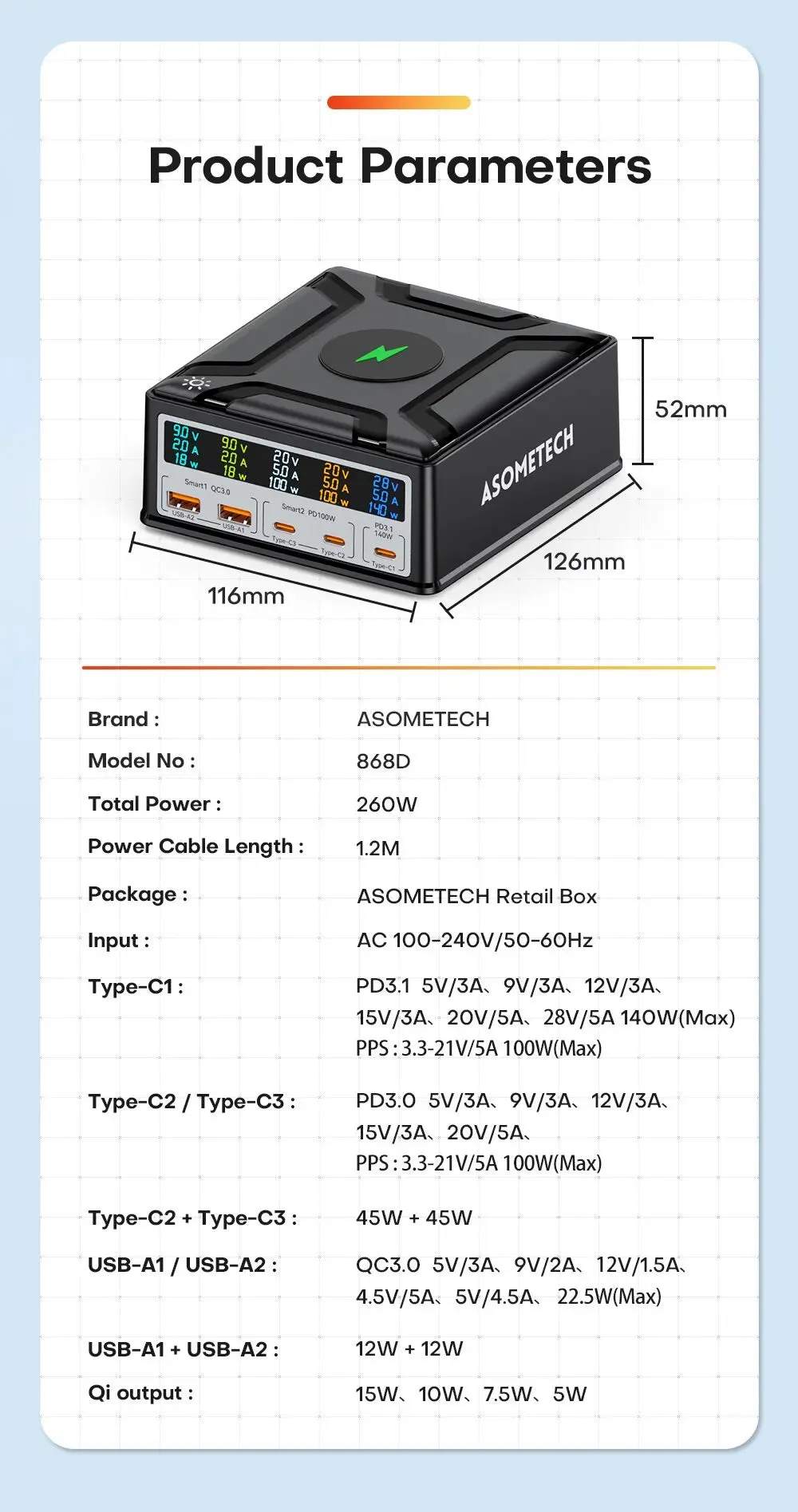 ASOMETECH 260W GaN Multiport Charging Station with Wireless Charger