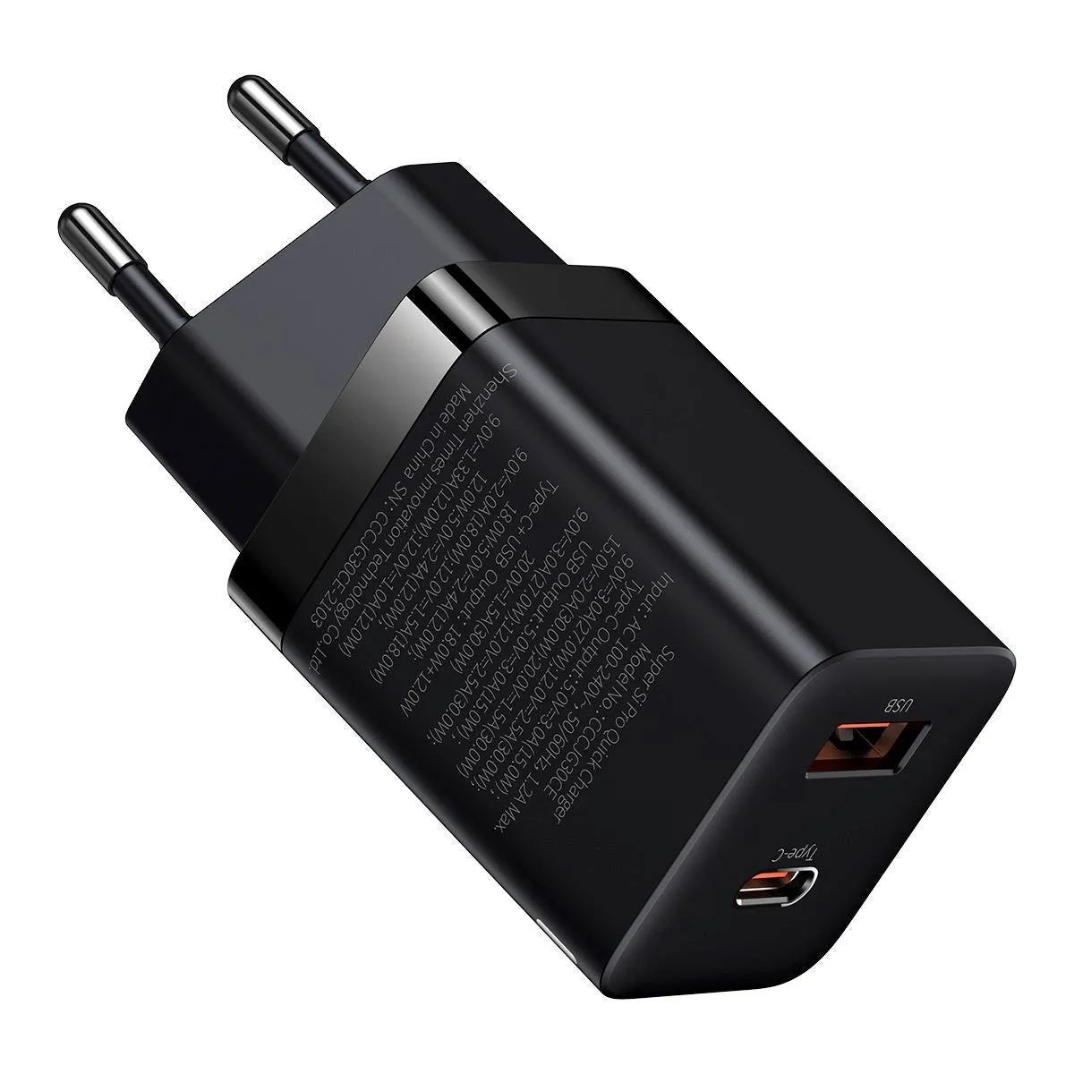 Baseus 30W Super Si Pro Vægoplader USB-C & USB-A - Sort