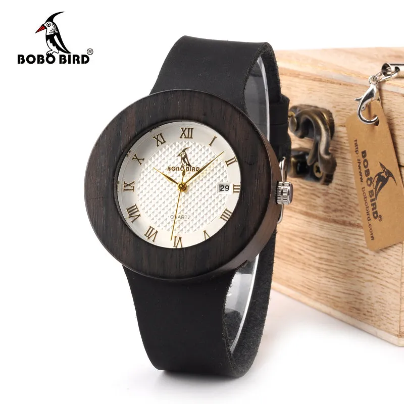 BOBO BIRD WC02C03 Black Wooden Watch Soft Leather Strap Metal Scale Face Analog Calendar Quality Miyota Movement in Gift Box