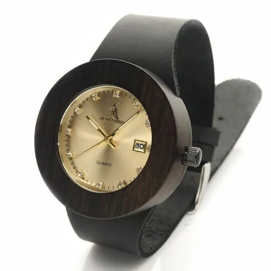 BOBO BIRD WC02C03 Black Wooden Watch Soft Leather Strap Metal Scale Face Analog Calendar Quality Miyota Movement in Gift Box