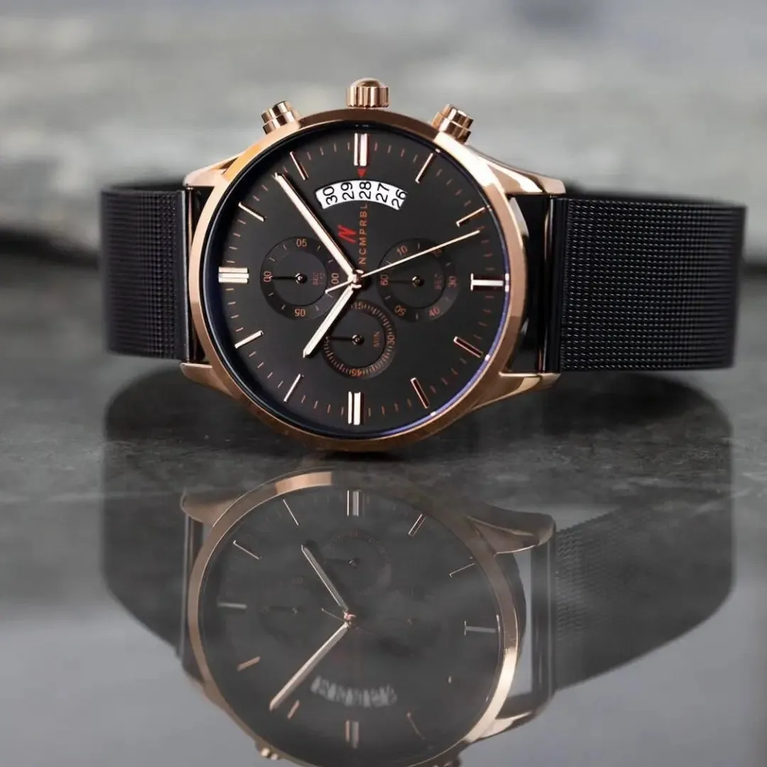 Chrono Black Rose 43MM Mens Chronograph Watch In Black/Rose Gold