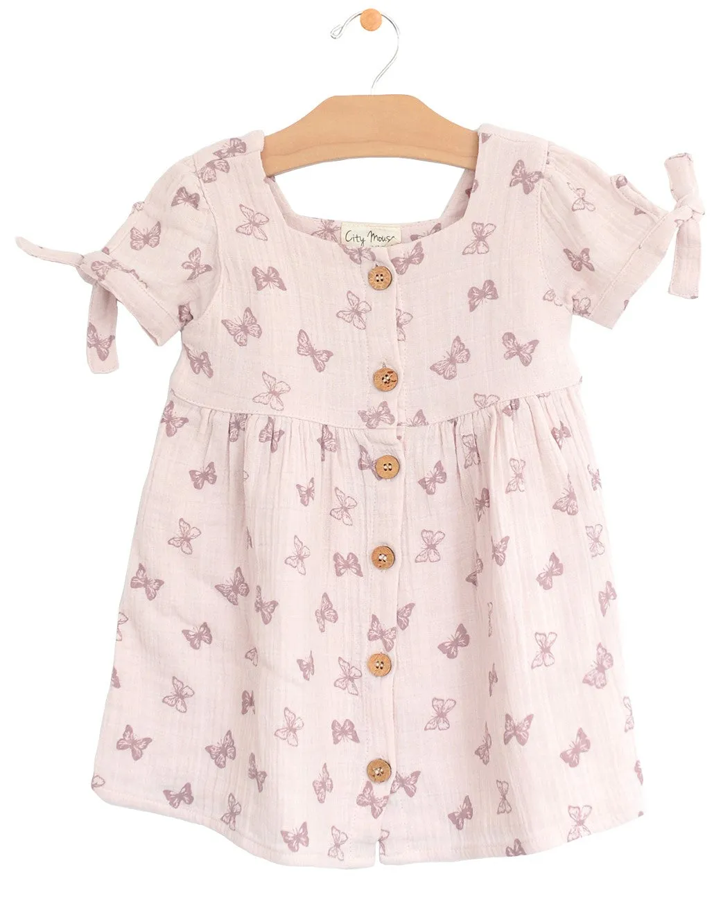 City Mouse Square Neck Muslin Button S/S Dress - Butterflies