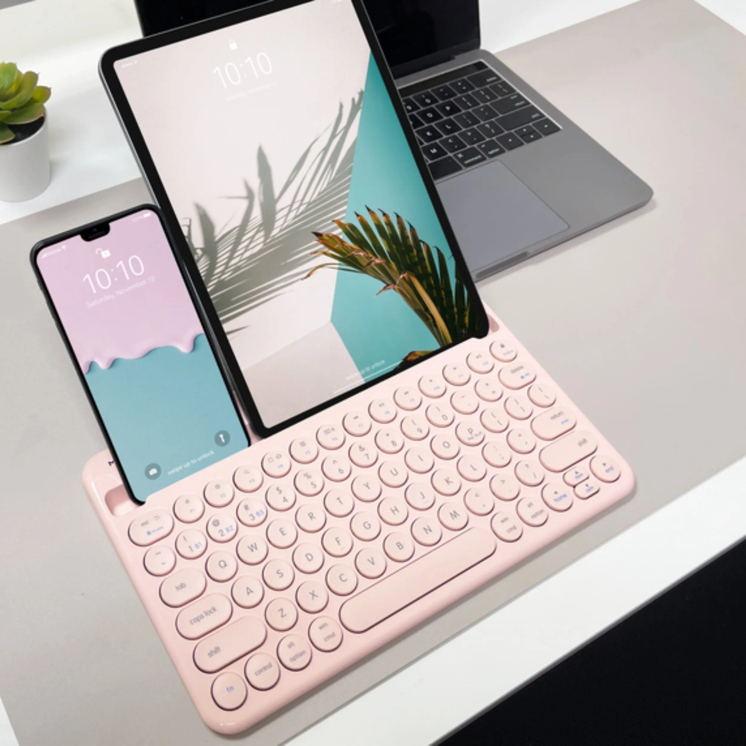 Compact Bluetooth Keyboard for Mac with iPhone or iPad Holder (Pink)