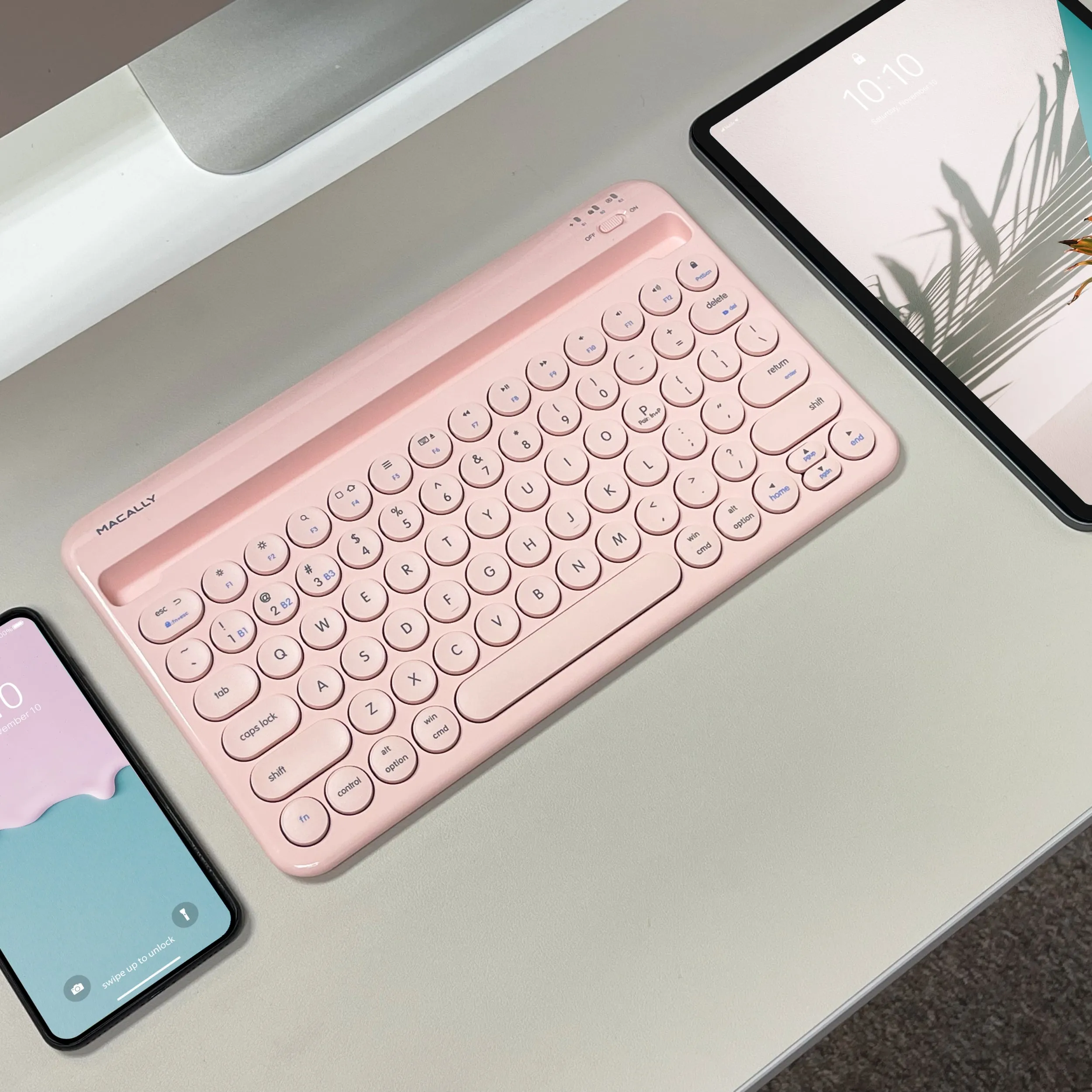 Compact Bluetooth Keyboard for Mac with iPhone or iPad Holder (Pink)