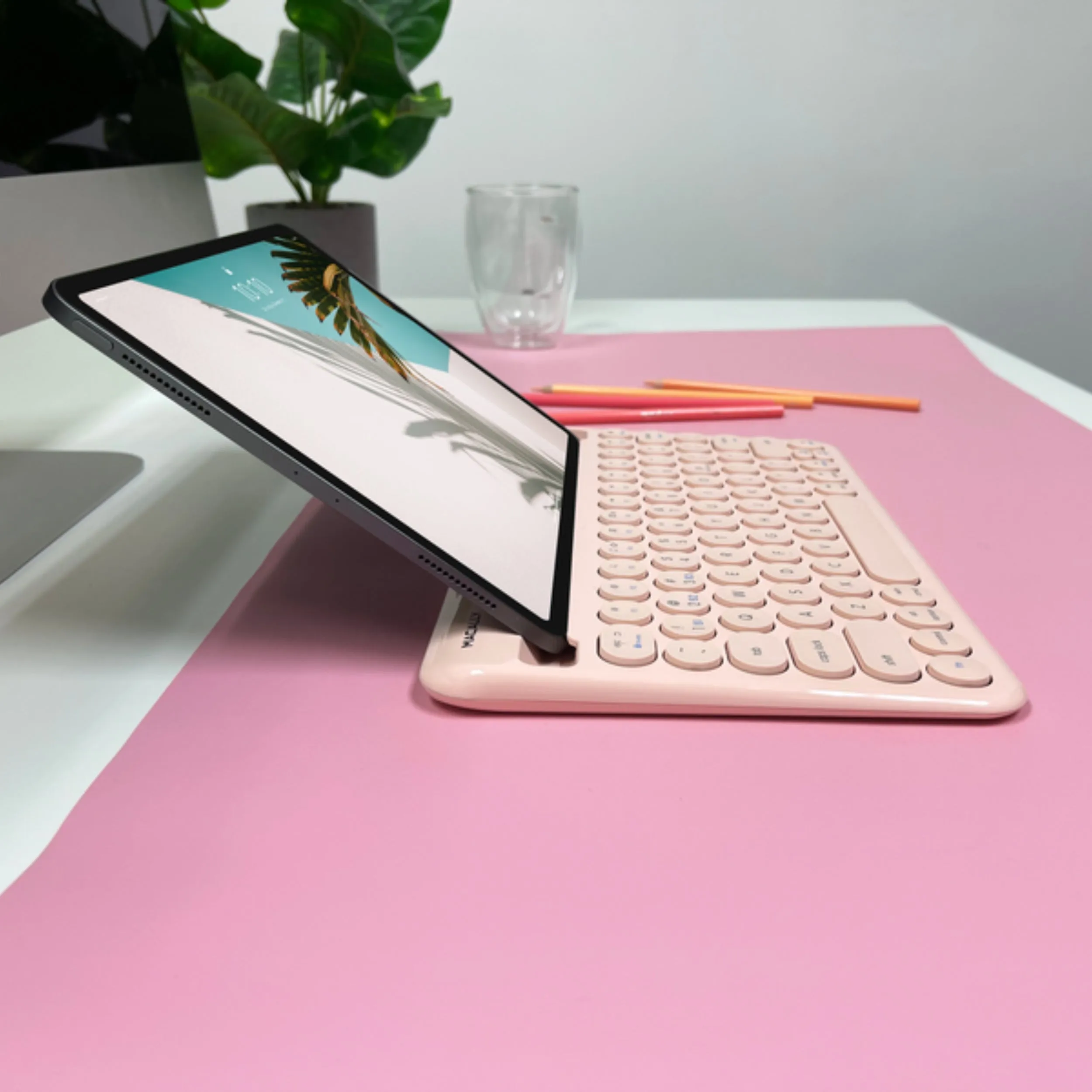 Compact Bluetooth Keyboard for Mac with iPhone or iPad Holder (Pink)