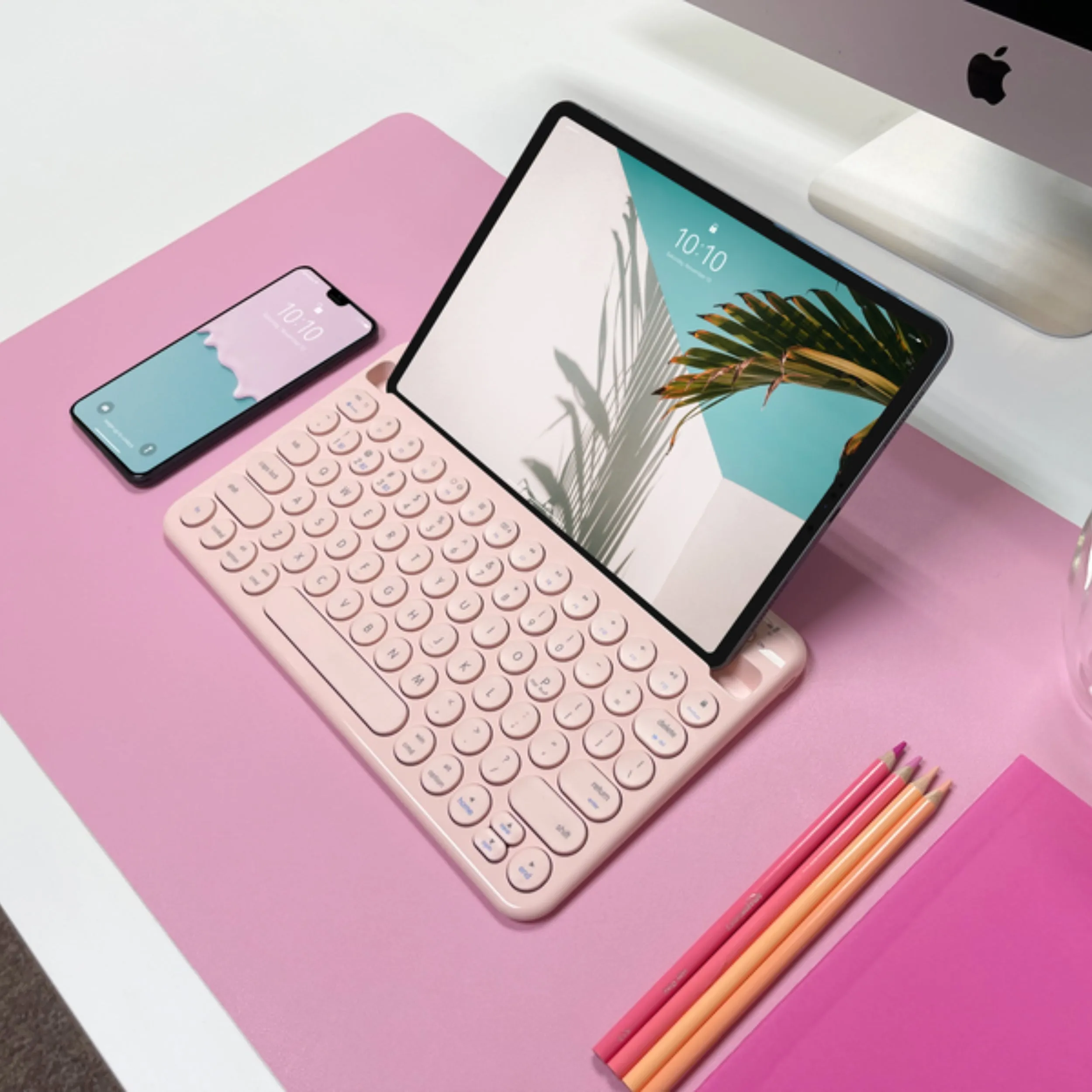 Compact Bluetooth Keyboard for Mac with iPhone or iPad Holder (Pink)