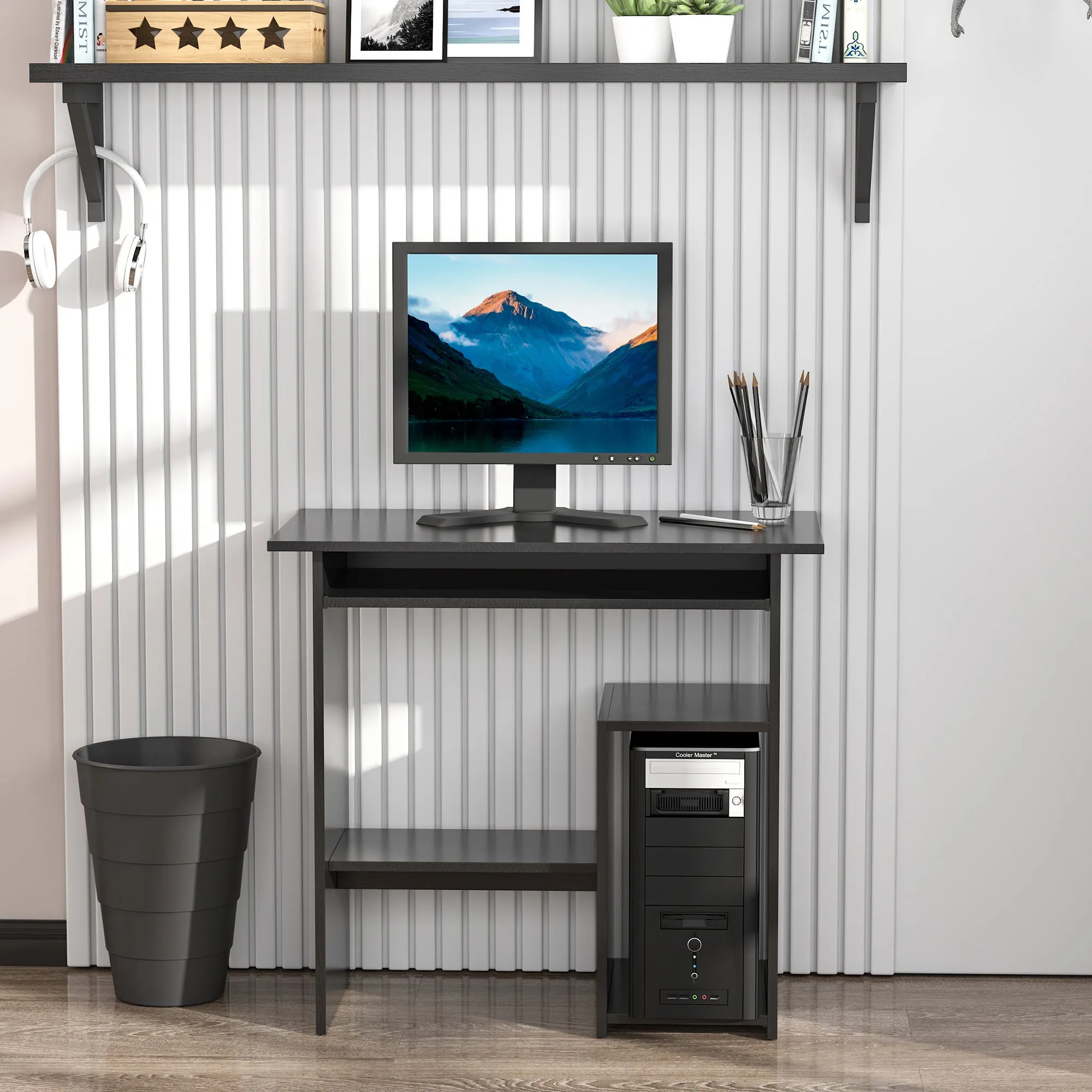 Compact Small Computer Table Wooden Desk Keyboard Tray Storage Shelf Modern Corner Table Home Office Black