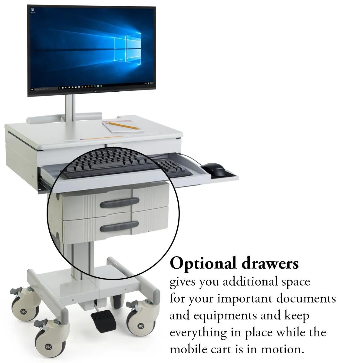 Computer Medical Cart, for 15”-27” Screens, Height Adjustable, Lockable Drawers, Gray (HSC-DM)