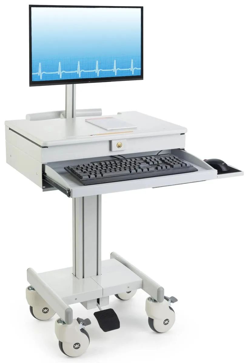 Computer Medical Cart, for 15”-27” Screens, Height Adjustable, Lockable Drawers, Gray (HSC-DM)