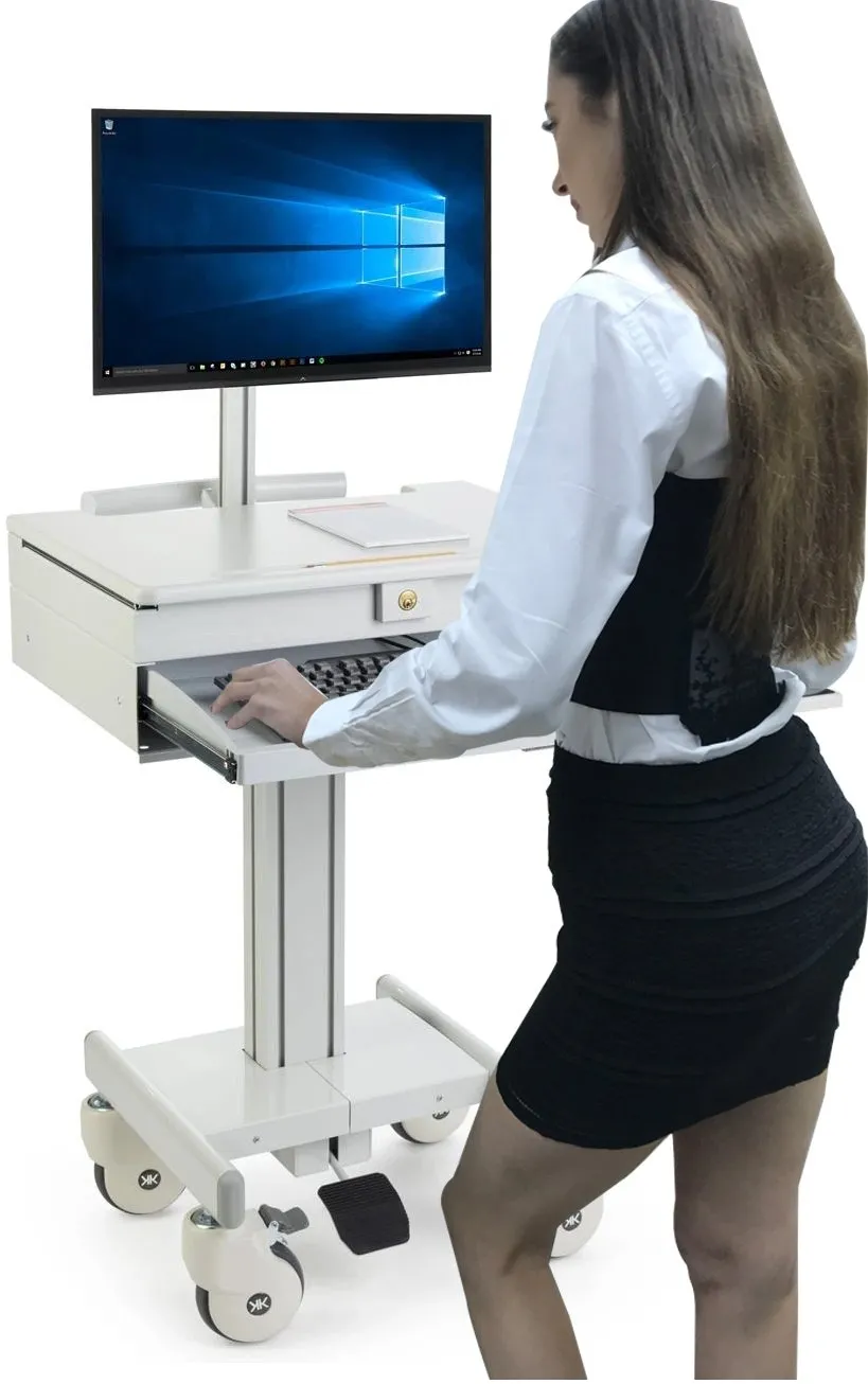 Computer Medical Cart, for 15”-27” Screens, Height Adjustable, Lockable Drawers, Gray (HSC-DM)