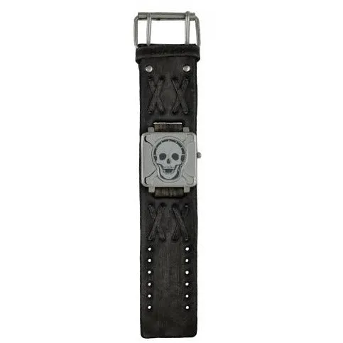 Cross Bones Skull Black Watch with Double X Distressed Black Leather Cuff VDXB930K