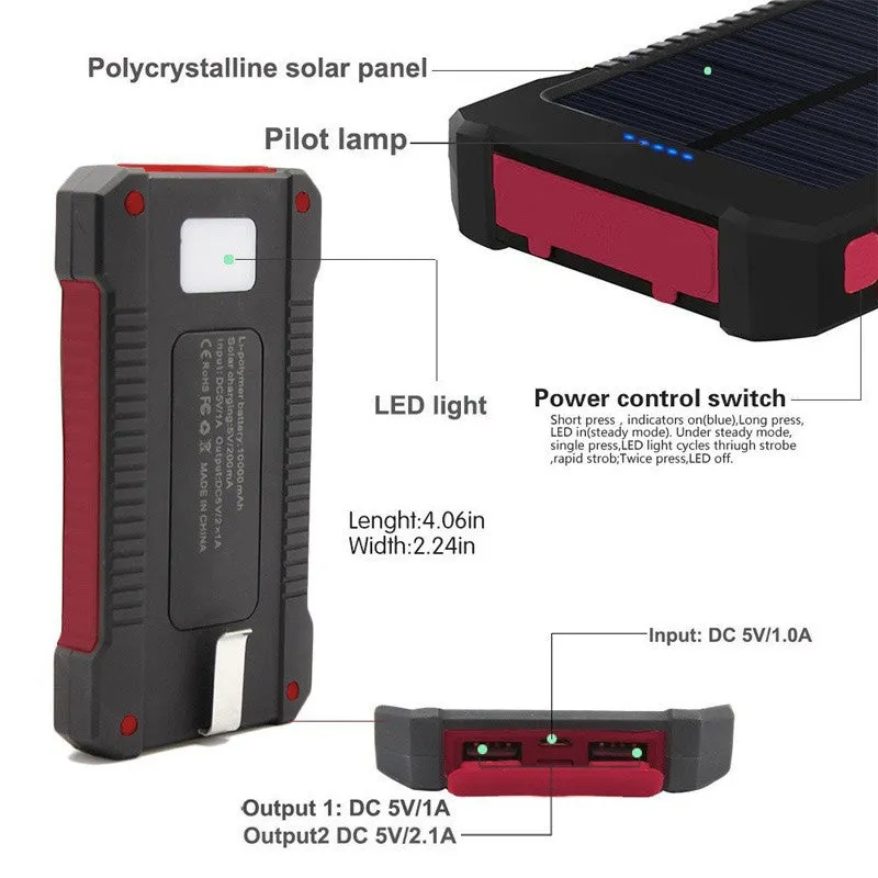 DCAE Real 10000mAh Power Bank Waterproof Shock drop resistance Dual USB Travel Solar Charger PowerBank For Android smart phone