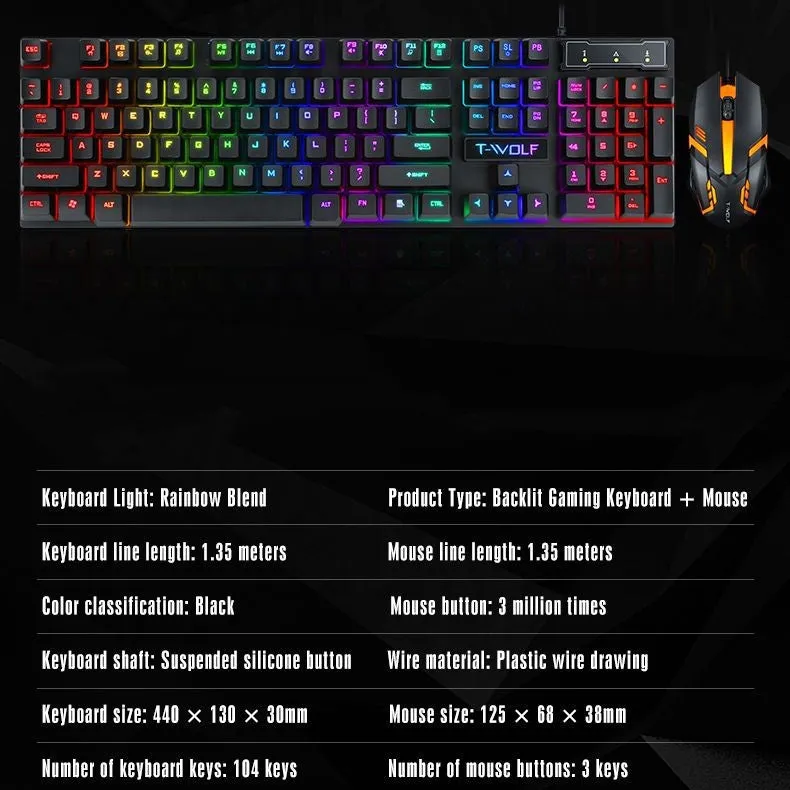 Gaming Set - 104 Keys Wired Keyboard with Rainbow Backlit   1600 DPI Gaming Mouse Combo