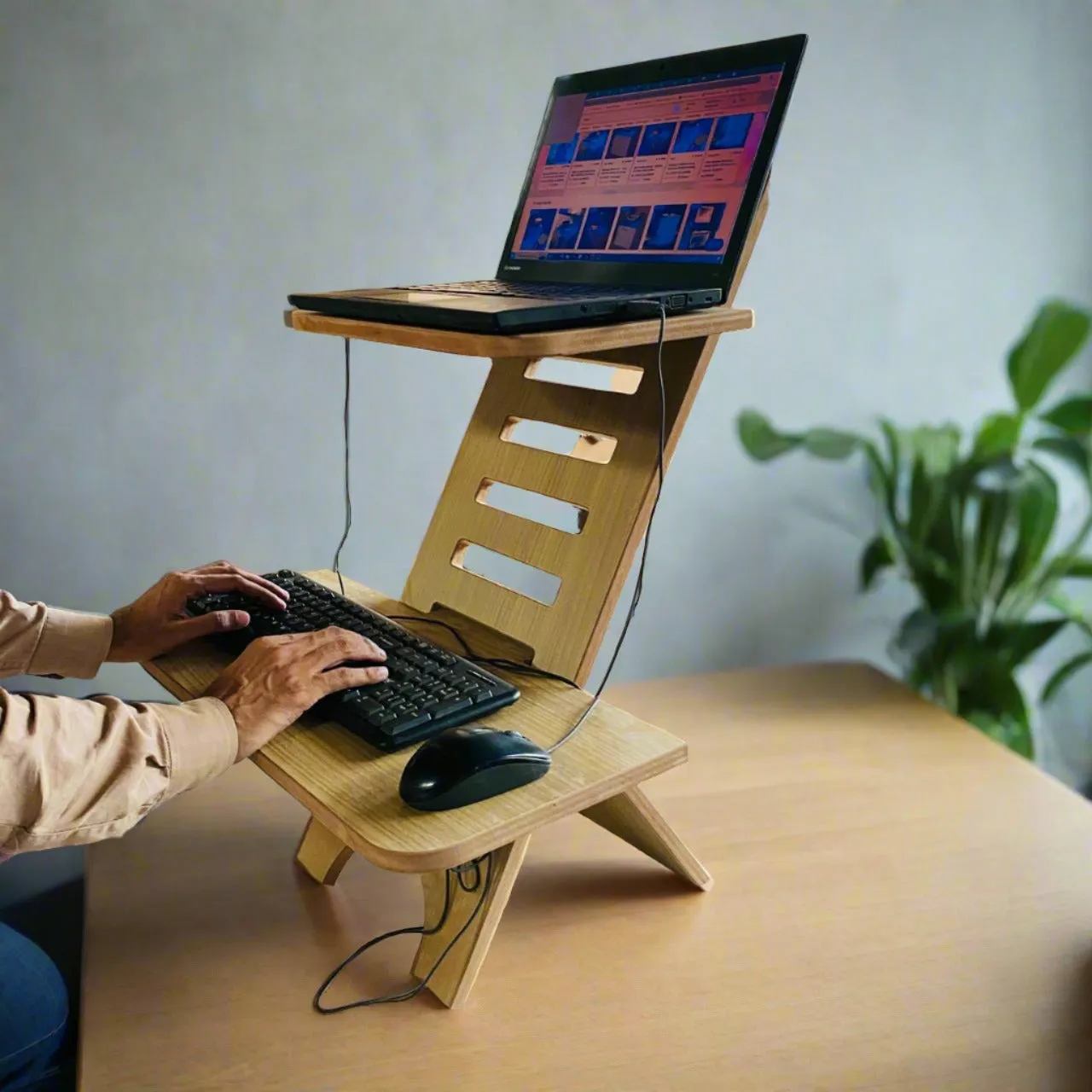 Height Adjustable Wooden Standing Desk Converter For Laptops & Desktops By Miza