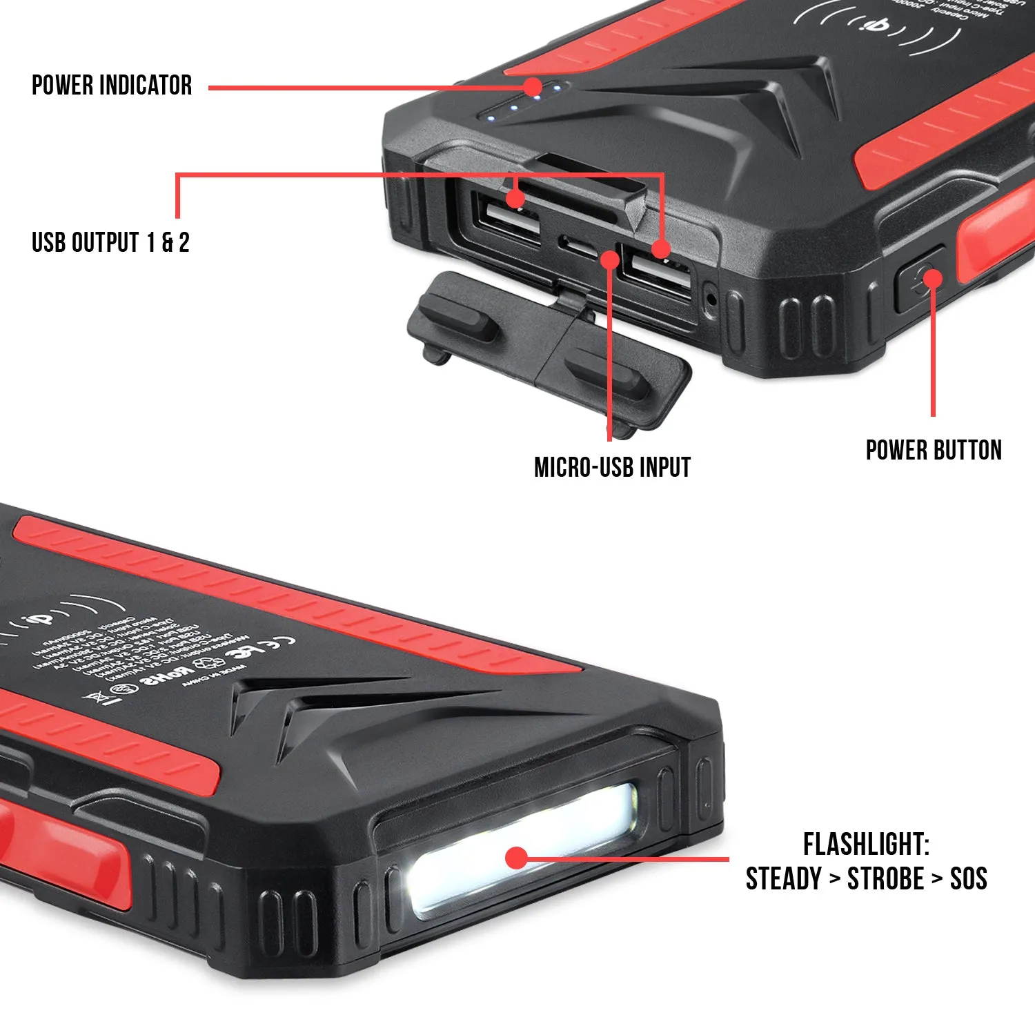 HOM Solar Power Bank for Apple iPhone and Android - Dual USB and Wireless Outputs - Charge Up to 3 Devices Simultaneously (16000mAh)