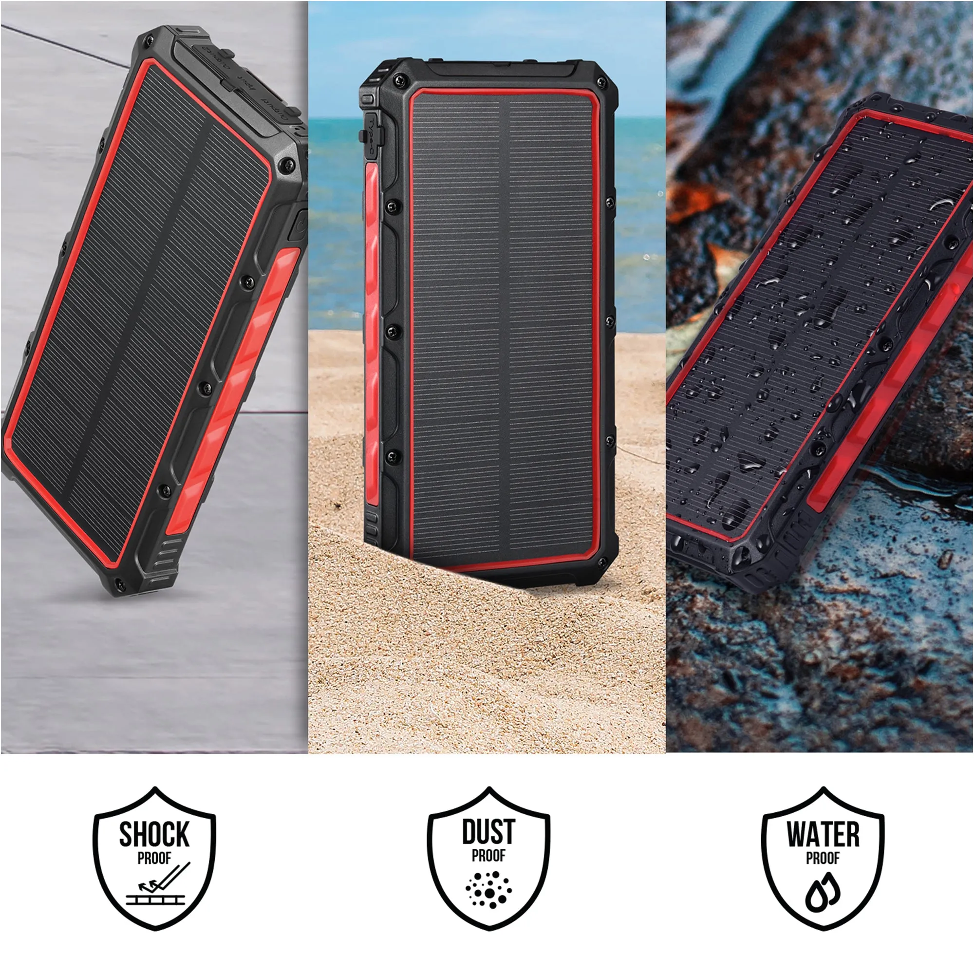 HOM Solar Power Bank for Apple iPhone and Android - Dual USB and Wireless Outputs - Charge Up to 3 Devices Simultaneously (16000mAh)