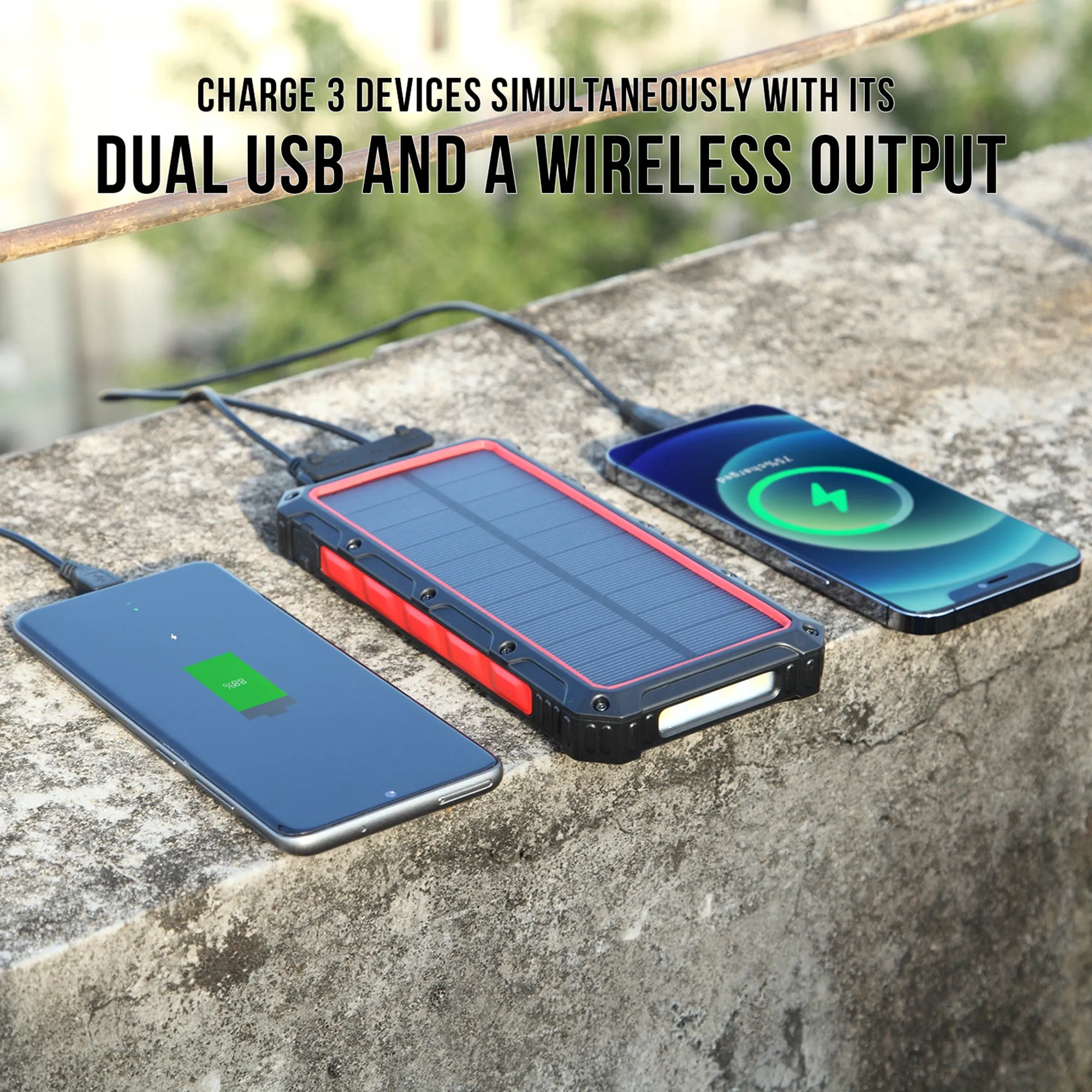 HOM Solar Power Bank for Apple iPhone and Android - Dual USB and Wireless Outputs - Charge Up to 3 Devices Simultaneously (16000mAh)