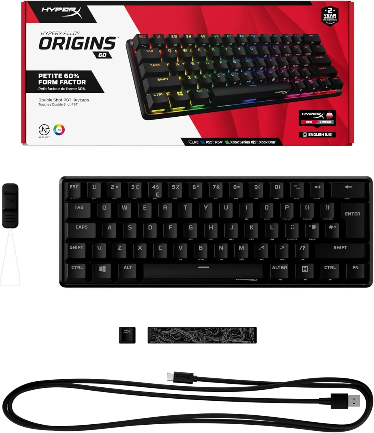 HyperX Alloy Origins 60 Mechanical Gaming Keyboard – Ultra-Compact 60% Layout, Red Switches, PBT Keycaps, RGB Backlit, Side-Printed Functions, NGENUITY Compatible