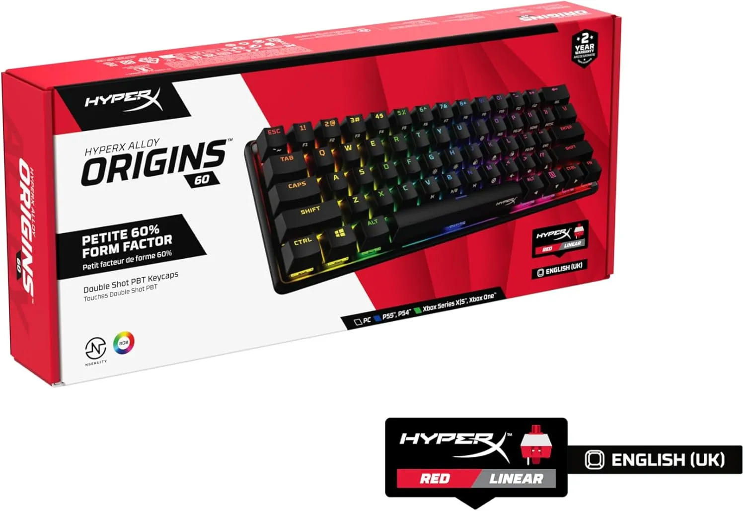 HyperX Alloy Origins 60 Mechanical Gaming Keyboard – Ultra-Compact 60% Layout, Red Switches, PBT Keycaps, RGB Backlit, Side-Printed Functions, NGENUITY Compatible