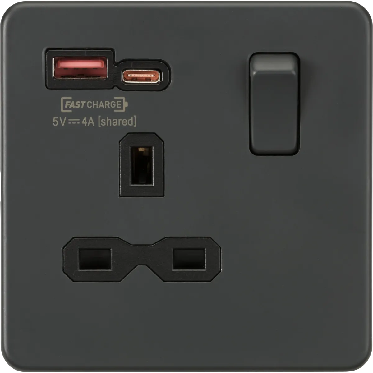 Knightsbridge Screwless 13A 1 Gang Switched Socket Dual USB A C Anthracite