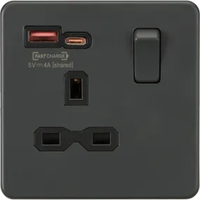 Knightsbridge Screwless 13A 1 Gang Switched Socket Dual USB A C Anthracite