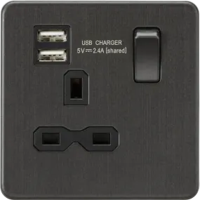 Knightsbridge Screwless 13A 1 Gang Switched Socket Dual USB Smoked Bronze