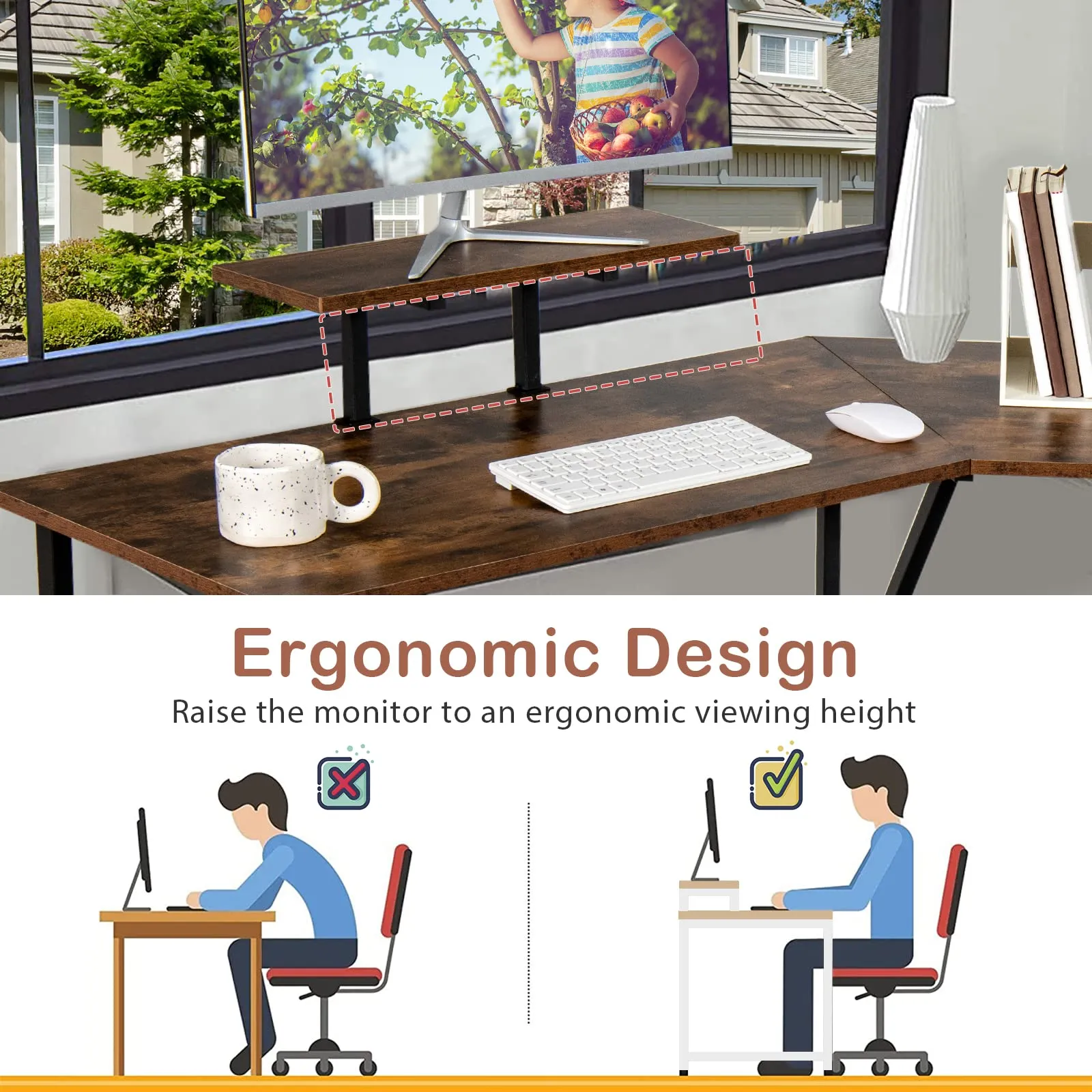 L-Shaped Reversible Computer Desk, 2 Person Long Computer Workstation w/Movable Monitor Stand