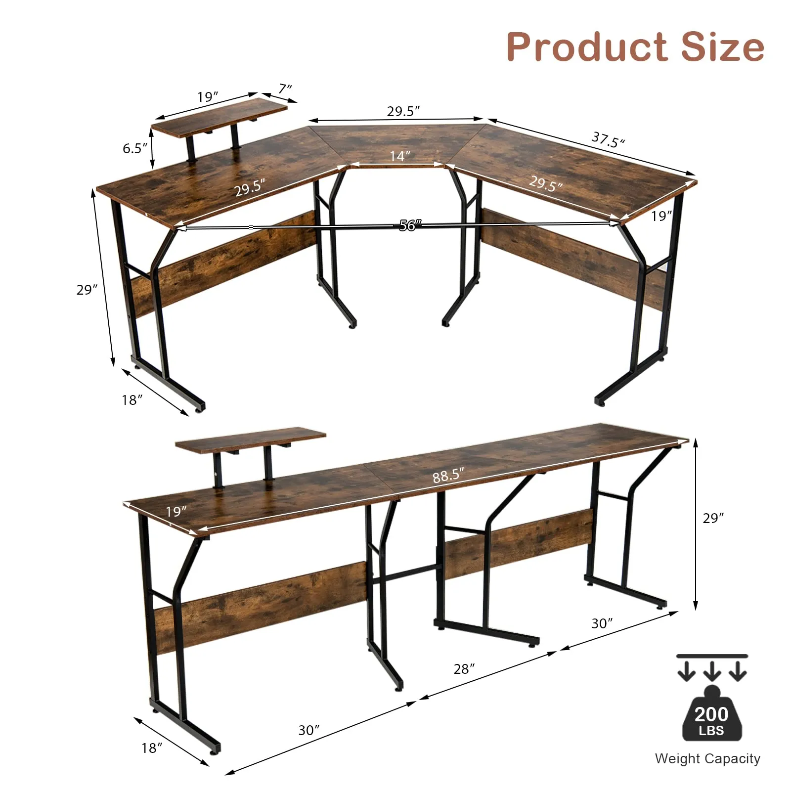 L-Shaped Reversible Computer Desk, 2 Person Long Computer Workstation w/Movable Monitor Stand