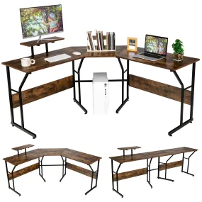 L-Shaped Reversible Computer Desk, 2 Person Long Computer Workstation w/Movable Monitor Stand