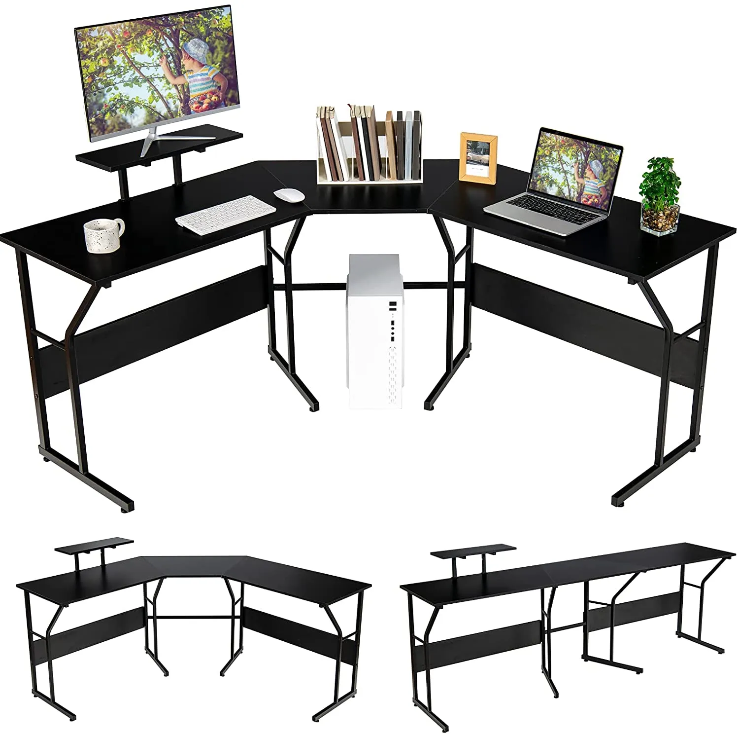 L-Shaped Reversible Computer Desk, 2 Person Long Computer Workstation w/Movable Monitor Stand