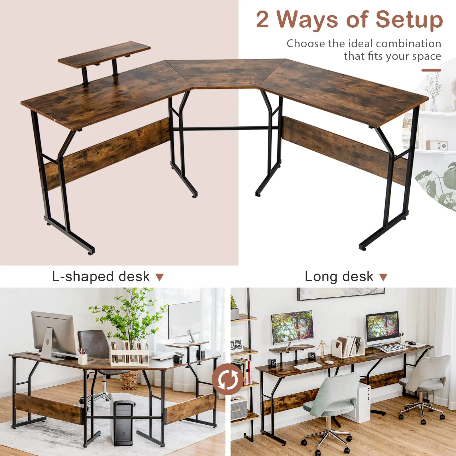 L-Shaped Reversible Computer Desk, 2 Person Long Computer Workstation w/Movable Monitor Stand