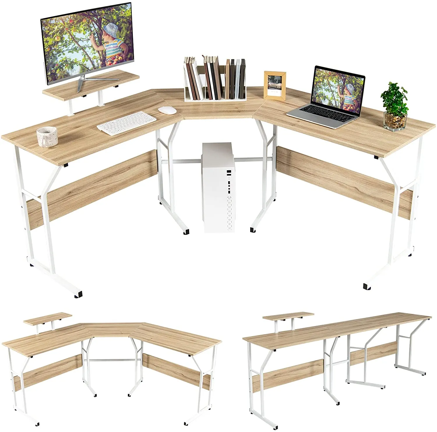 L-Shaped Reversible Computer Desk, 2 Person Long Computer Workstation w/Movable Monitor Stand