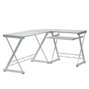 L-Shaped Tempered Glass Top Computer Desk With Pull Out Keyboard Panel